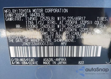 2009 Toyota Rav4 из США, поврежденный, VIN JTMZF33V49D013161